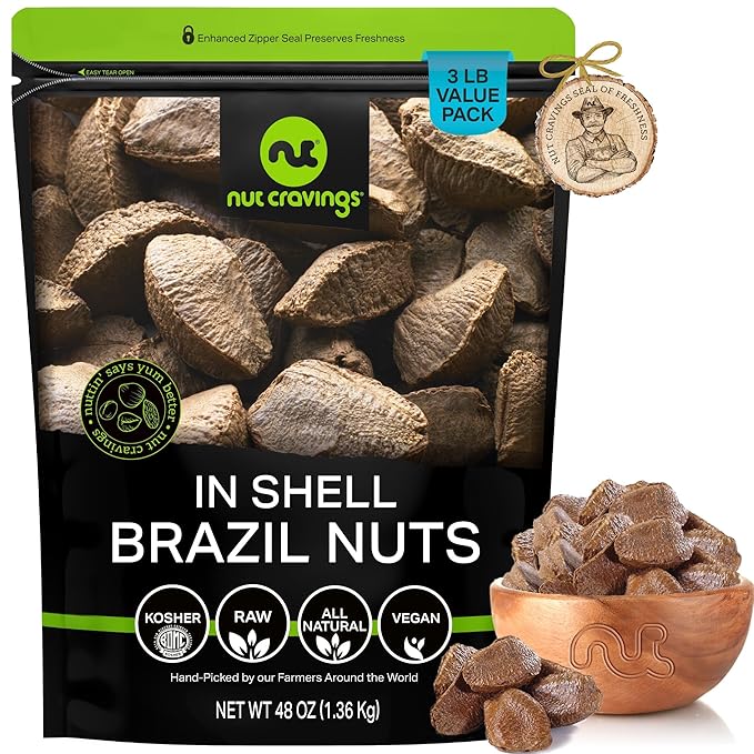 NUT CRAVINGS - Raw Brazil Nuts In Shell - Whole, (48oz - 3 LB) Bulk Nuts Packed Fresh in Resealable Bag - Healthy Protein Food Snack, All Natural, Keto, Vegan, Kosher