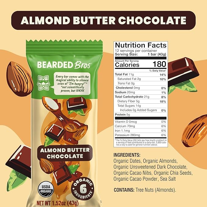 Bearded Brothers, Organic Vegan Protein Energy Bars, Almond Butter Chocolate (12 Pack) - Gluten Free, Paleo, Non GMO, Soy Free, Low Glycemic, No Sugar Added, Whole 30, Fiber (Packaging May Vary)