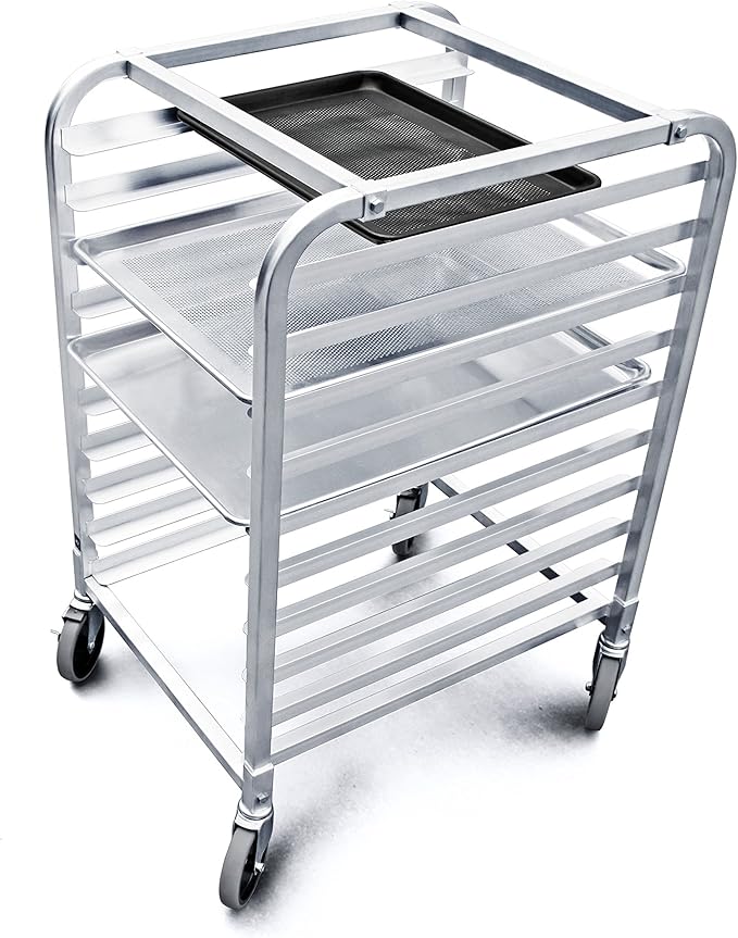 New Star Foodservice 36510 Commercial-Grade Aluminum 10-Tier Sheet Pan/Bun Pan Rack, 26" L x 20" W x 38" H with Brake Wheels Silver