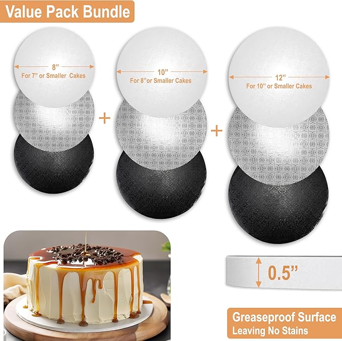 BOARDS+ 9 Pack Cake Board Drums 8, 10 & 12 Inch in White, Silver & Black Color | 1/2" Thick Cake Circle Rounds + Free Prop Up Tools | Fully Greaseproof, Sturdy for Heavy/Tiered Cakes
