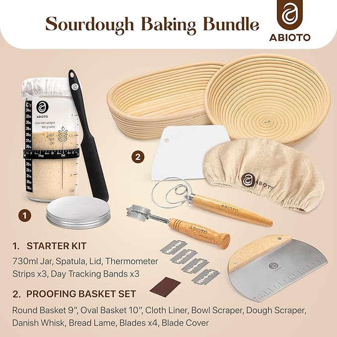 Sourdough Bread Baking Supplies and Starter Kit - Ultimate Bread Making and Sourdough Starter Kit with Proofing Baskets, Sourdough Jar, Bread Lame, Scrapers and Danish Whisk