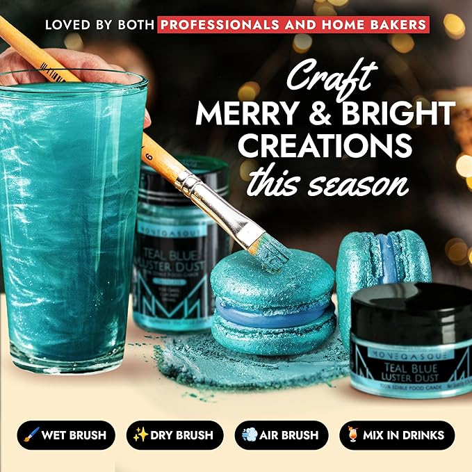 MONÉGASQUE Teal Blue Edible Glitter for Drinks 7g – Edible Glitter for Cakes & Cocktails Shimmer – Christmas Cocktail, Cake, & Cupcake Luster Dust Spray – Food Coloring & Drink Decorations Sprinkles