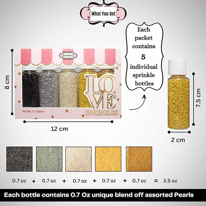 Confect Sparkling Sugar Sprinkle Mix – Edible Black, Silver, White, Yellow & Champagne Gold Sugar Crystals – Decorative Baking Toppings for Cakes, Cupcakes & Cookies – Vegan, Gluten-Free, Nut-Free, Soy-Free, Dairy-Free, Palm Oil-Free -Dye-Free-5 Oz