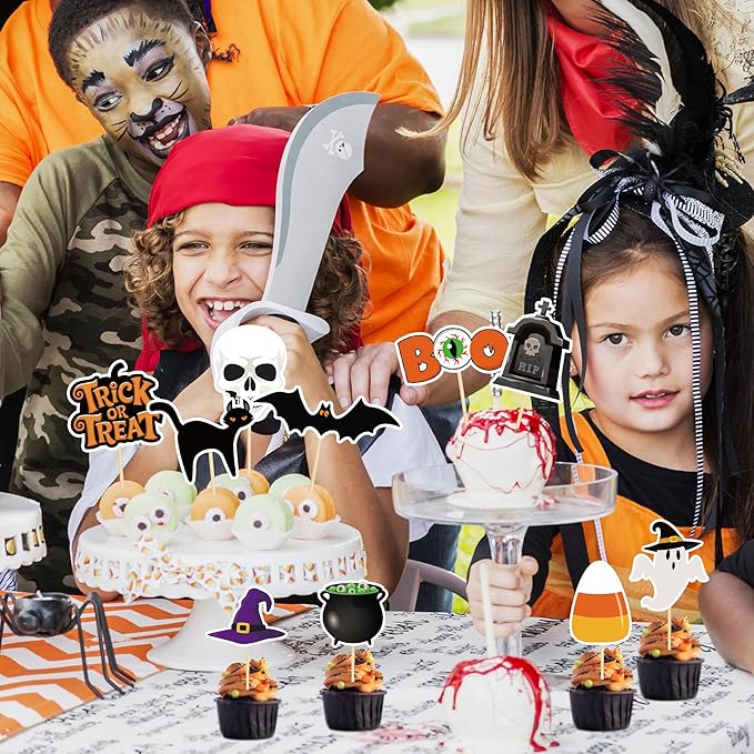 24 PCS Halloween Cupcake Toppers, 12 Designs Halloween Cake Decorations, Pumpkin Ghost Spooky Cake Topper, Halloween Birthday Cake Toppers for Theme Babyshower Kids Party Supplies