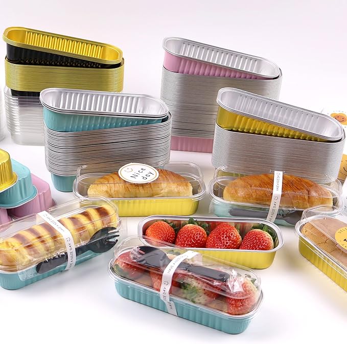 50 Pack Mini Loaf Pans with Lids and Spoons, 6.8 Oz Mini Cake Pans with Lids for Baking, Disposable Rectangle Aluminum Foil Loaf Pan with Stickers，Small Cake Containers Tin（Gold）