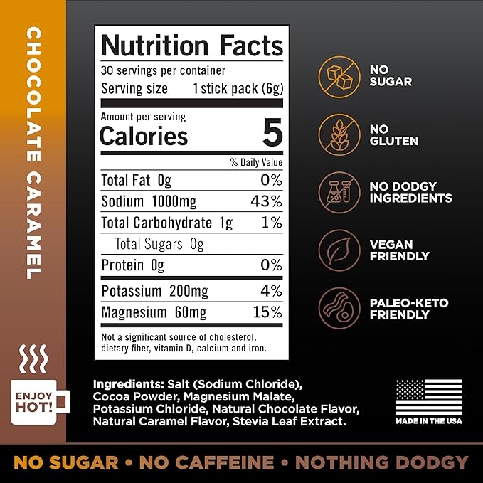 Drink LMNT Zero Sugar Hot Chocolate or Coffee Mixer - Chocolate Caramel Salt | Drink Mix | 30-Count