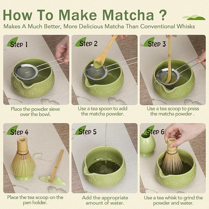 Matcha Whisk Tea Set: Ceramic Bowl with Spout, Bamboo Matcha Whisk & Spoon, Chasen Holder, Scoop Rest, Sifter, 8-Pcs Japanese Matcha Powder Kit–Gift for Ceremony & Matcha Lovers-Matcha Green