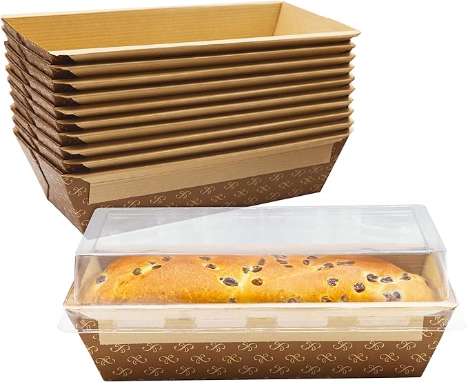 Avant Grub Baking Pan Chef Grade 1Lb Paper Loaf Pans 10 Pk. Elegant Disposable Bakeable Kraft Pan Supplies for Baking Bread, Small Meatloaf, Bundt Cake, Sweets, Kraft Paper - With Lids