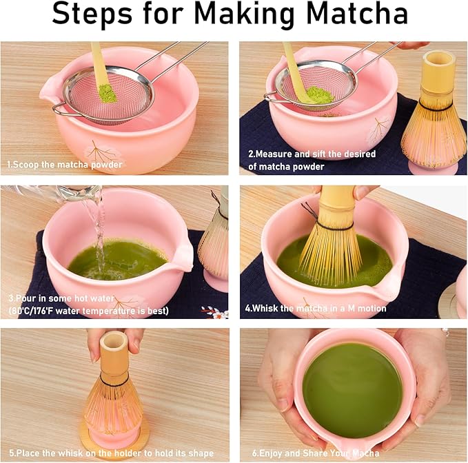 Matcha Set (8 PCS),Pink Matcha Whisk Set Inclded Ceramic Matcha Bowl and Whisk Set,Holder,Holder Mat,Bamboo Scoop,Scoop Rest,Sifter and Tea Towel,Cute Matcha Kit for Macha Lovers and Tea Ceremony
