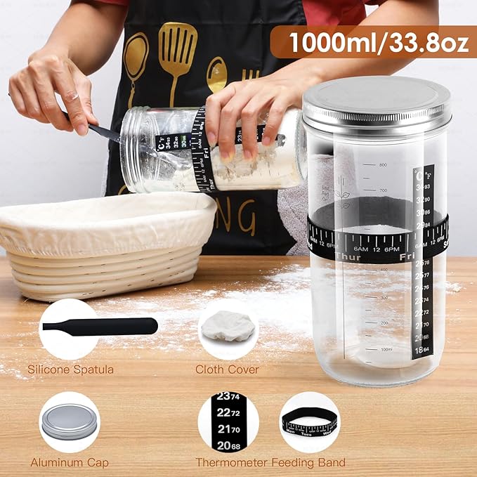 Soudough bread baking supplies, Upoomart Banneton Bread Proofing Basket Set of 2, 9 Inch Round & 10 Oval Cane, 34oz Sourdough Starter Jar Kit, Dough Scraper Linen Liner