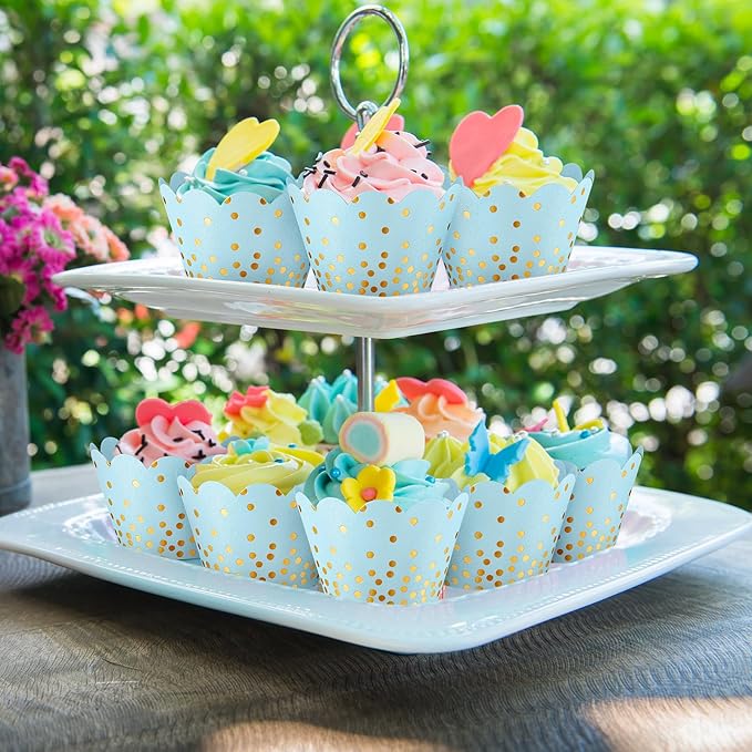 Zhehao 60 Pcs Gold Polka Dots Cupcake Wrappers Adjustable Graduation Cupcake Liners Paper Baking Cups Disposable Muffin Liners Holders for Birthday Baby Shower Wedding Party Supplies(Light Blue)
