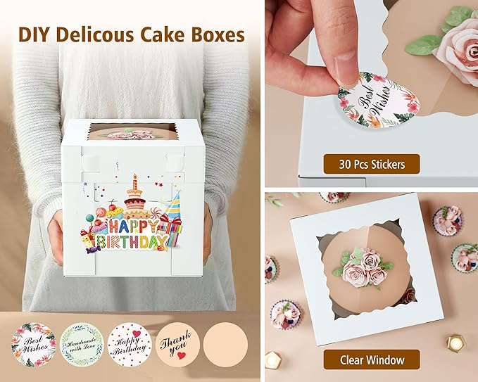 10Pcs Corrugated Cake Boxes in 2 Sizes - 12x12x12 & 10x10x10 Inch Tall Cake Box with Window, Thick Bakery Dessert Boxes, Disposable Cardboard Cake Carrier for Layer Cakes, Birthday, Wedding, Party
