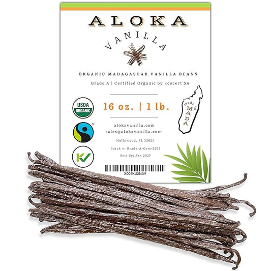 16oz (1 Pound) Count Organic Madagascar Vanilla Beans – Grade A Bourbon Pods | Gourmet Whole Vanilla Beans for Baking, Cooking, Extract Making | Rich Aroma, Premium Flavor, Non-GMO, Vegan