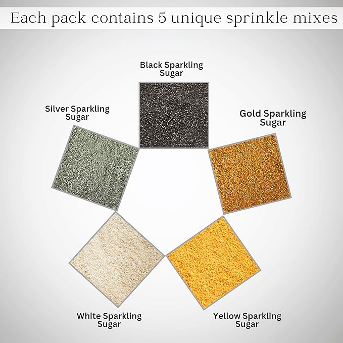 Confect Sparkling Sugar Sprinkle Mix – Edible Black, Silver, White, Yellow & Champagne Gold Sugar Crystals – Decorative Baking Toppings for Cakes, Cupcakes & Cookies – Vegan, Gluten-Free, Nut-Free, Soy-Free, Dairy-Free, Palm Oil-Free -Dye-Free-5 Oz