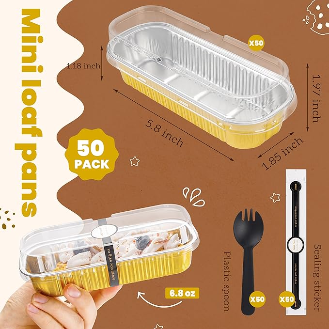 50 Pack Mini Cake Pans with Lids and Spoons Gold Rectangular Aluminum Foil Baking Pans Mini Cheesecake Containers(6.8oz)