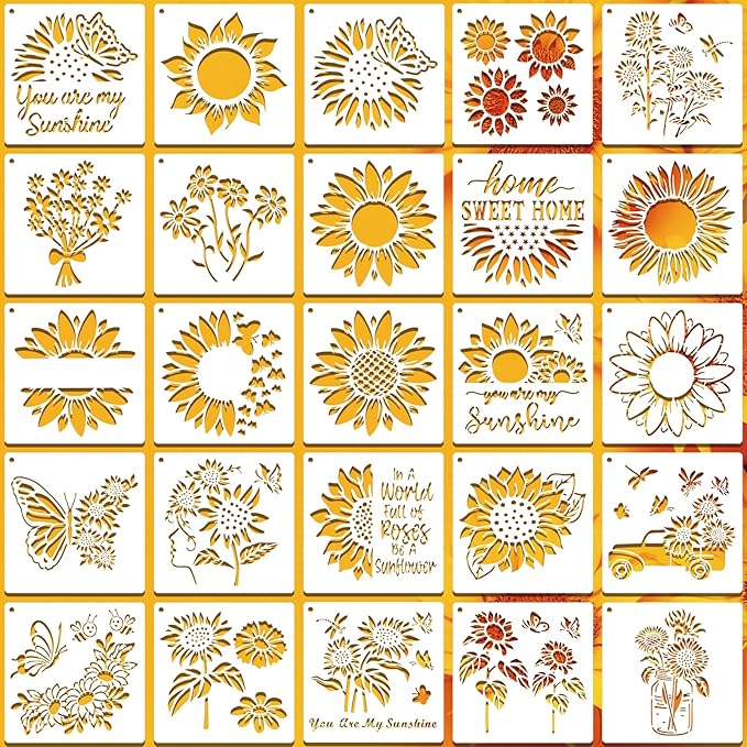 SUNFEEL 25Pack Sunflower Stencils for Painting – Painting Templates 6 x 6 in and 6 x 6 in Reusable Painted Painting Stencils， Stencils for Painting On Wood and Canvas, DIY Crafts Andfurniture