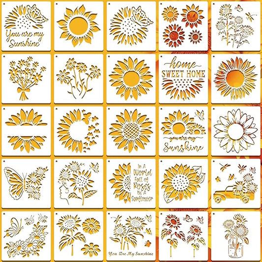 SUNFEEL 25Pack Sunflower Stencils for Painting – Painting Templates 6 x 6 in and 6 x 6 in Reusable Painted Painting Stencils， Stencils for Painting On Wood and Canvas, DIY Crafts Andfurniture