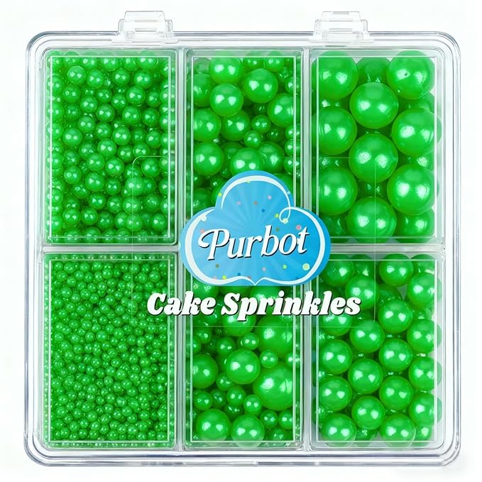 Green Pearl Sprinkle for Cake Decorating, 4 Sizes Sugar 130g/4.6oz, Cupcake, Ice Cream, Donuts, Macaron Toppings Supplies (2mm, 4mm, 7mm, 1cm)