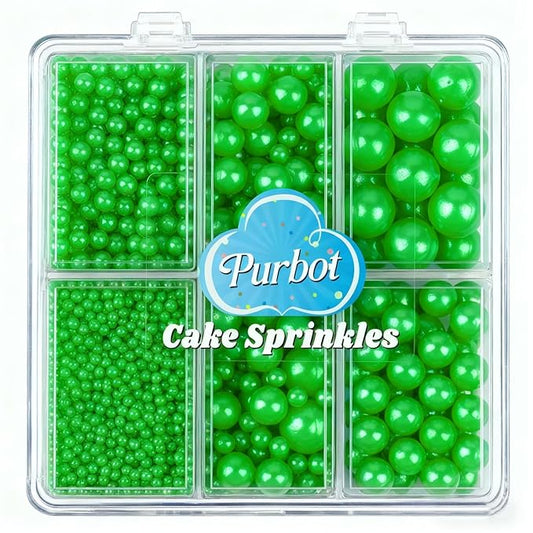 Green Pearl Sprinkle for Cake Decorating, 4 Sizes Sugar 130g/4.6oz, Cupcake, Ice Cream, Donuts, Macaron Toppings Supplies (2mm, 4mm, 7mm, 1cm)