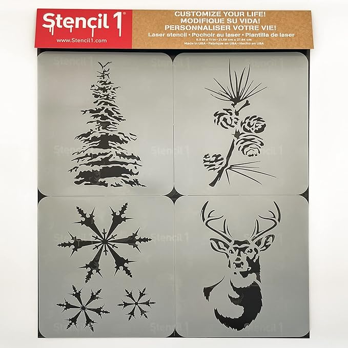 Stencil1 Winter Christmas 4 Pack Set Stencil – Reusable Winter Christmas Template for DIY Crafts, Holiday Decor, Painting on Wood, Fabric, Cards & More - 8.5" x 11"