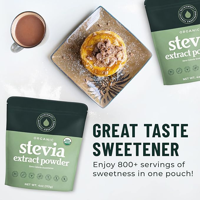 Organic 100% Pure Stevia Powder, 4 oz, Satisfies Sweet Cravings, Lowers Blood Sugar Levels for Diabetics, Bulk Powdered Stevia Extract Sweetener for Better Baking & Beverages, 800+ Servings by NatriSweet