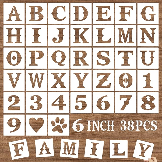 6 Inch Letter Stencils and Numbers, 38 Pcs Alphabet DIY Craft Stencils, Reusable Plastic Drawing Templates for Painting on Wood, Wall, Fabric, Rock, Floor, Signage, Door Porch