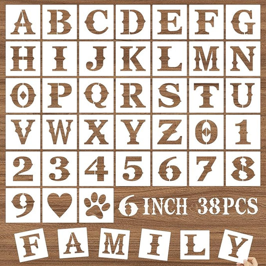 6 Inch Letter Stencils and Numbers, 38 Pcs Alphabet DIY Craft Stencils, Reusable Plastic Drawing Templates for Painting on Wood, Wall, Fabric, Rock, Floor, Signage, Door Porch