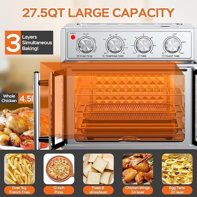 PlumChef 27.5 Quart Extra Large 6 Slices Air Fryer Convection Toaster Oven, French Door, 1700W, Multifunction Oven for Air Fryer, Toast, Grill, Defrost, Bake, Time and Temperature Controls, Silver