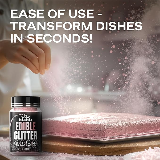 Bakeebake Edible Glitter 15g - Edible Glitter for Drinks & Desserts - Gluten Free Cake Decorating – Tasteless Vegan Drink Cocktails and Parties (Pink, 15 grams)