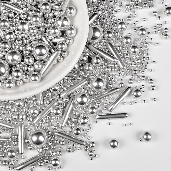 Christmas Silver Pearl Rods Sprinkles, Edible Sugar Candy Mix Size, 150g/5.29oz, Baking Cake Decoration, Food Grade, Cake Toppers, Easter, Celebration, Wedding Party Supplies