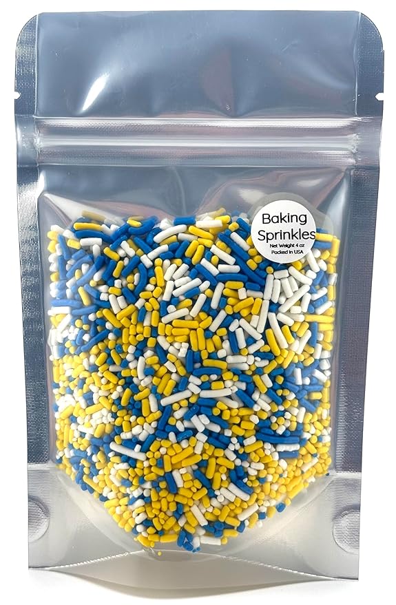Blue Yellow White Sprinkles for Cake, Cupcake, Cookie Decorations, Ice Cream and Donut Toppings Edible Decorating Baking Supplies - 4 oz package