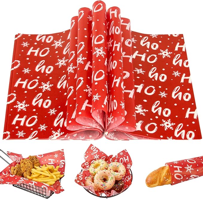 Zezzxu 100 Sheets Wax Paper for Food, Red Ho Ho Parchment Paper for Cookie Box Deli Wrapping Grease Resistant Basket Liners (9.8 x 9.8 Inches)