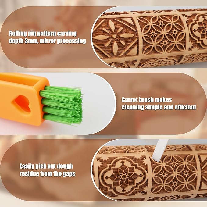 17" Premium Wooden Rolling Pins for Baking with European Embossed Designs | 3mm Deep Springerle Cookie Molds | Christmas Rolling Pin & Baking Gifts for Women | Includes 3-in-1 Cleaning Brush
