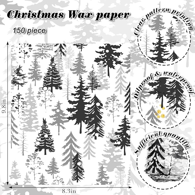150Pcs Christmas Tree Deli Paper, 9.8 x 8.3'' Forest Grease Proof Food Deli Sheets, Resistant Sandwich Wrap Liners Greaseproof Food Wax Paper for Xmas Winter Party Supplies (Black)