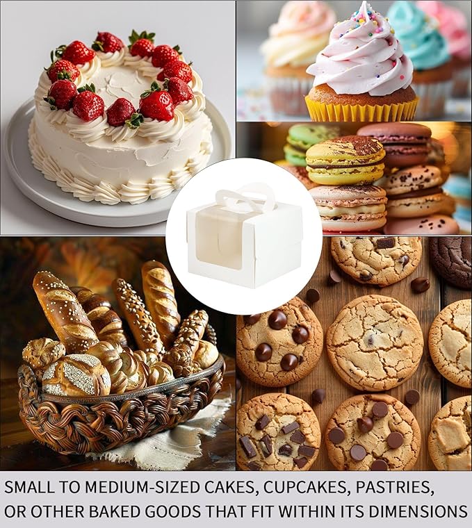 20Pcs 5×5×4 Inches Mini Cake Boxes-Solid White with Carry Handles and Cake Board-Suitable for Cakes up to 4 Inch,cake container,Pastries,Bakery Treats-Perfect for Celebrations and Gifts