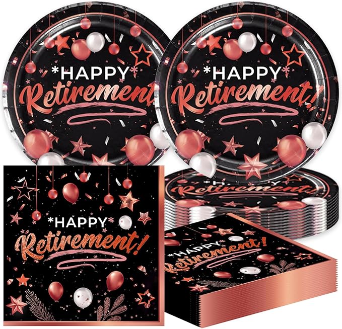 40pcs Retirement Party Decoration,include 20 dessert plate, 20 Napkin,Used for Rose Gold and Red Retirement Party Supplies
