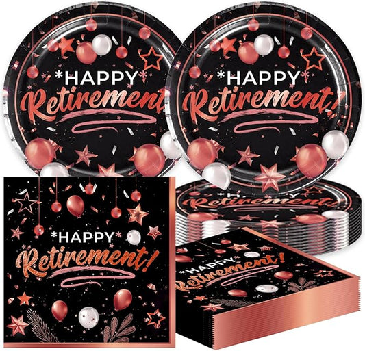 40pcs Retirement Party Decoration,include 20 dessert plate, 20 Napkin,Used for Rose Gold and Red Retirement Party Supplies