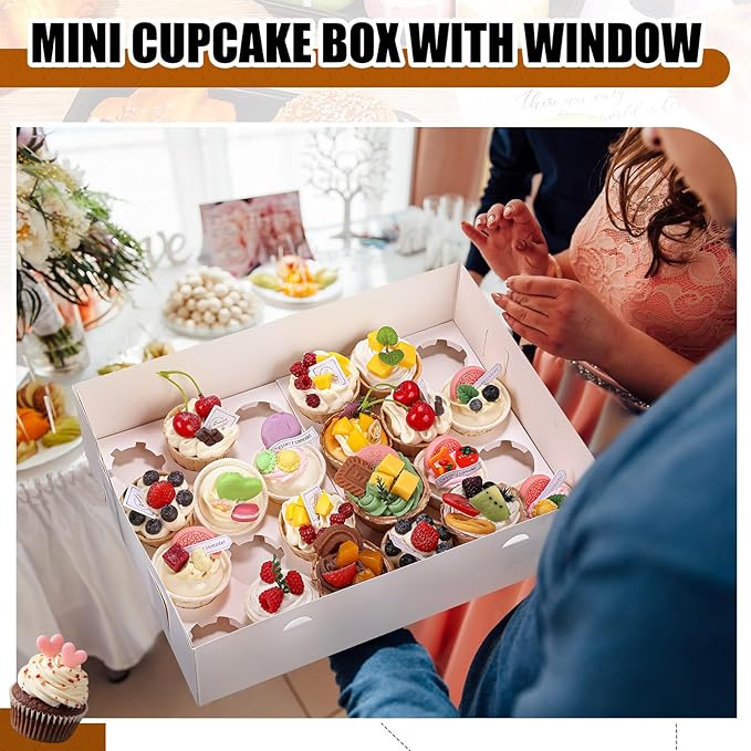 10 Pack 24 Count Cupcake Boxes, Mini Cupcake Containers, 14.9 x 11 x 4 Inch White Disposable Bakery Boxes with Window and Inserts for Birthday Holiday Party Bakery Desserts