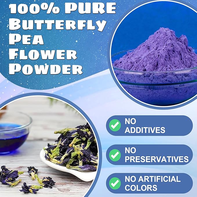 Butterfly Pea Flower Powder - Kiigfood 5.3 oz/150g Pure Natural Blue & Purple Food Coloring, Butterfly Pea Powder for Drinks, Smoothies, Cocktail, Christmas Baking, Pasta - Vegan, Gluten-Free, Non-GMO