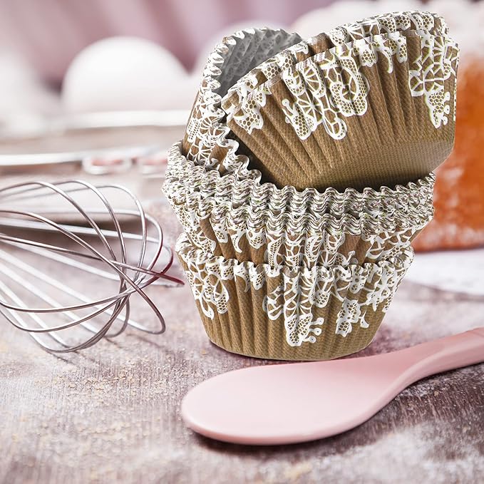 Funtery 300 Pcs Wedding Cupcake Liners Bridal Shower Rustic Lace Cupcake Wrappers Fall Muffin Liners Baking Cups Greaseproof for Baby Shower Christmas Birthday Party Anniversaries Decorations, Brown