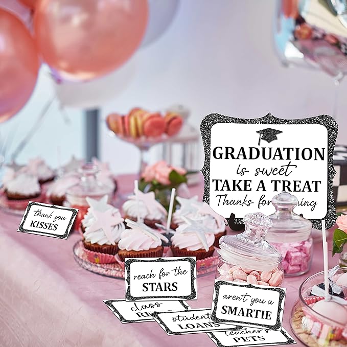 20PCS Graduation Candy Buffet Labels, 1 Black Glitter Candy Buffet Table Sign with Stand, Catering Supplies Display for Graduation Decorations Class of 2026 -A02