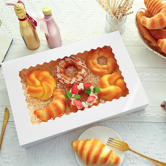 Moretoes 30pcs Cookie Boxes, 16x11x2.5 Inches Auto-Popup Bakery Boxes with Window for Pastries, Pies, Muffins, Chocolate Covered Strawberries