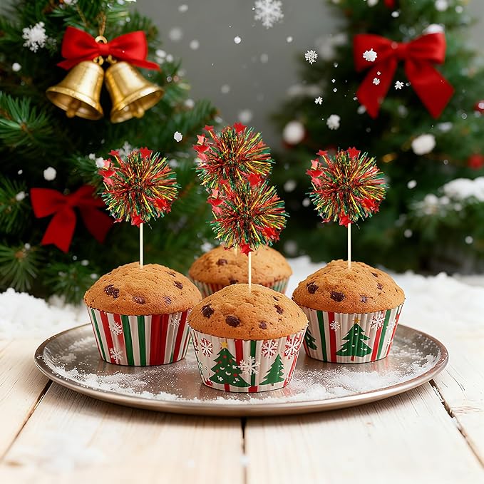 24Pcs Christmas Cupcake Toppers, Merry Christmas Foil Firework Cupcake Toppers Tinsel Drink Picks Winter Supplies Favor