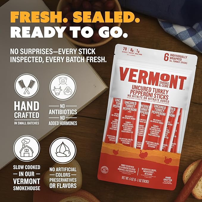 Vermont Smoke & Cure - Turkey Uncured Pepperoni Meat Sticks - Protein Snacks - On the Go Healthier Snack for Adults & Kids - 24 Count
