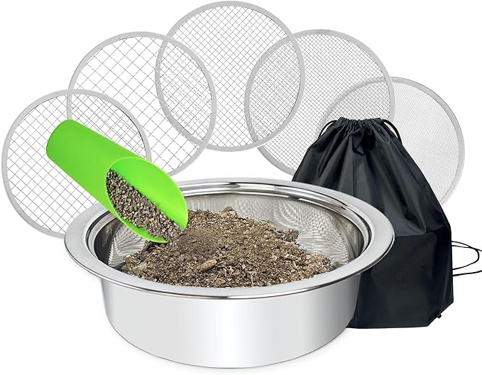 Soil Sifter for Gardening, Stainless Steel Sifting Pan Dirt Sifter, 9.5in Rock Sifter with 5 Sieve Mesh Filter Sizes