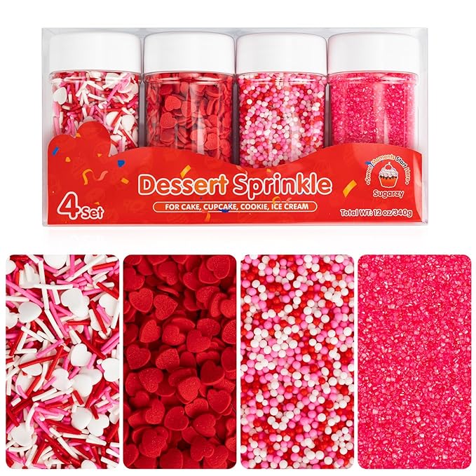 Valentine Edible Heart Sprinkles,Pink White and Red Mix Sugar Pearl Decorations,Assorted Styles Heart Sprinkles 4 Pack,Sweetheart Sprinkle Perfect for Cake Decorations,Baking,Ice Cream,Cookies,Cupcake Topper,Birthday Wedding Valentines Christmas Supplies