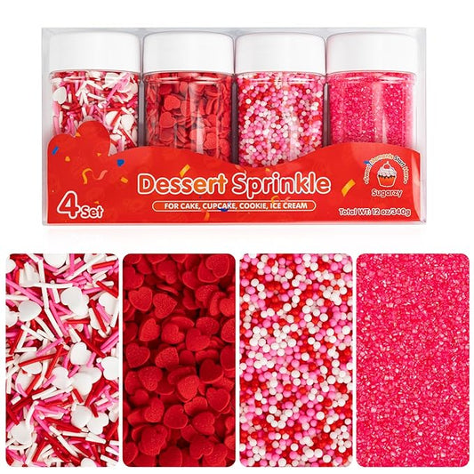 Valentine Edible Heart Sprinkles,Pink White and Red Mix Sugar Pearl Decorations,Assorted Styles Heart Sprinkles 4 Pack,Sweetheart Sprinkle Perfect for Cake Decorations,Baking,Ice Cream,Cookies,Cupcake Topper,Birthday Wedding Valentines Christmas Supplies