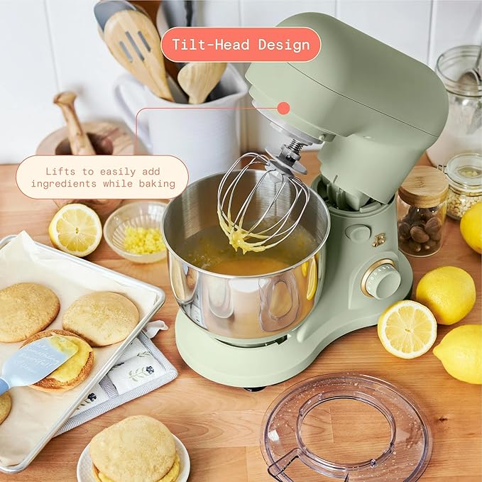 Beautiful 3.5 Qt Tilt-Head Stand Mixer | 12-Speed 300 W Motor | Stainless Bowl Beater, Dough Hook & Whisk by Drew Barrymore (Sage Green)