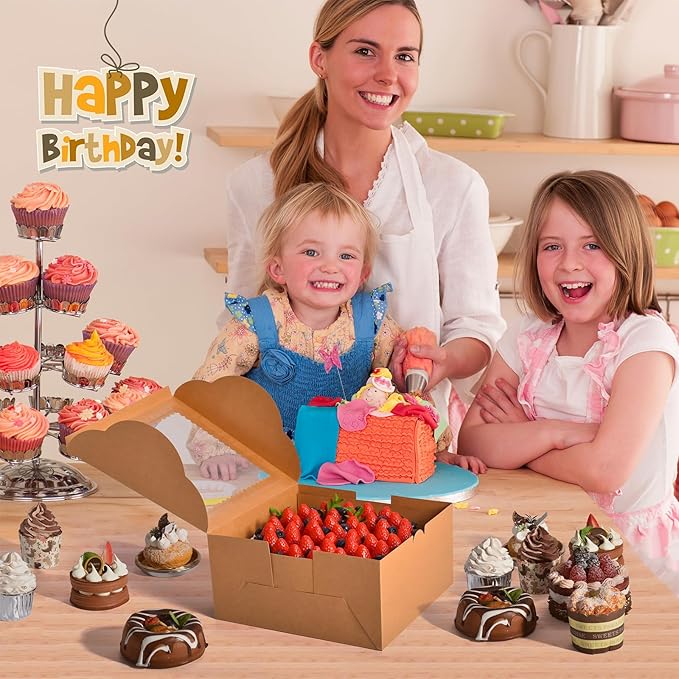 32Pcs 10 Inch Cake Boxes with Cake Boards (16Pcs Brown Cake Boxes, 16Pcs Cake Boards), 10x10x5 Inch Bakery Boxes with Window, Cake Carrier Container for Birthday Party, Wedding