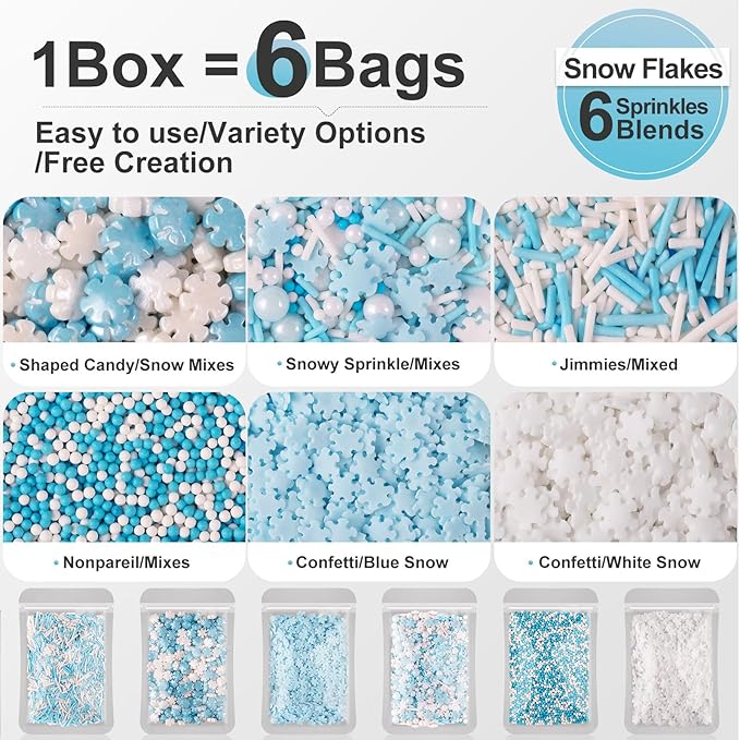 HUEBEATY 6-in-1 Edible Snowflake Sprinkles – Blue and White Winter Sprinkles for Cake Decorating, Cookies, Cupcakes & Baking | 6.36oz/180g | Frozen, Christmas, Holiday, and Winter Wonderland Decorations